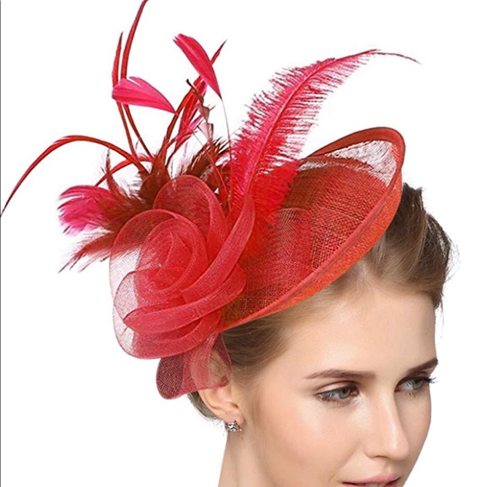 Feather Mesh Flower Hat with Clip and Headband